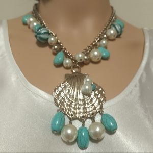 Silver Seashell Necklace with Faux Turquoise and Pearls